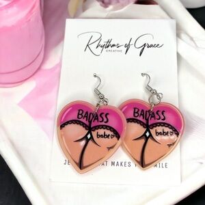 Bad A$$ Babe: Bold Pink Feminist Dangle Earrings for Empowerment! NWT, Heart